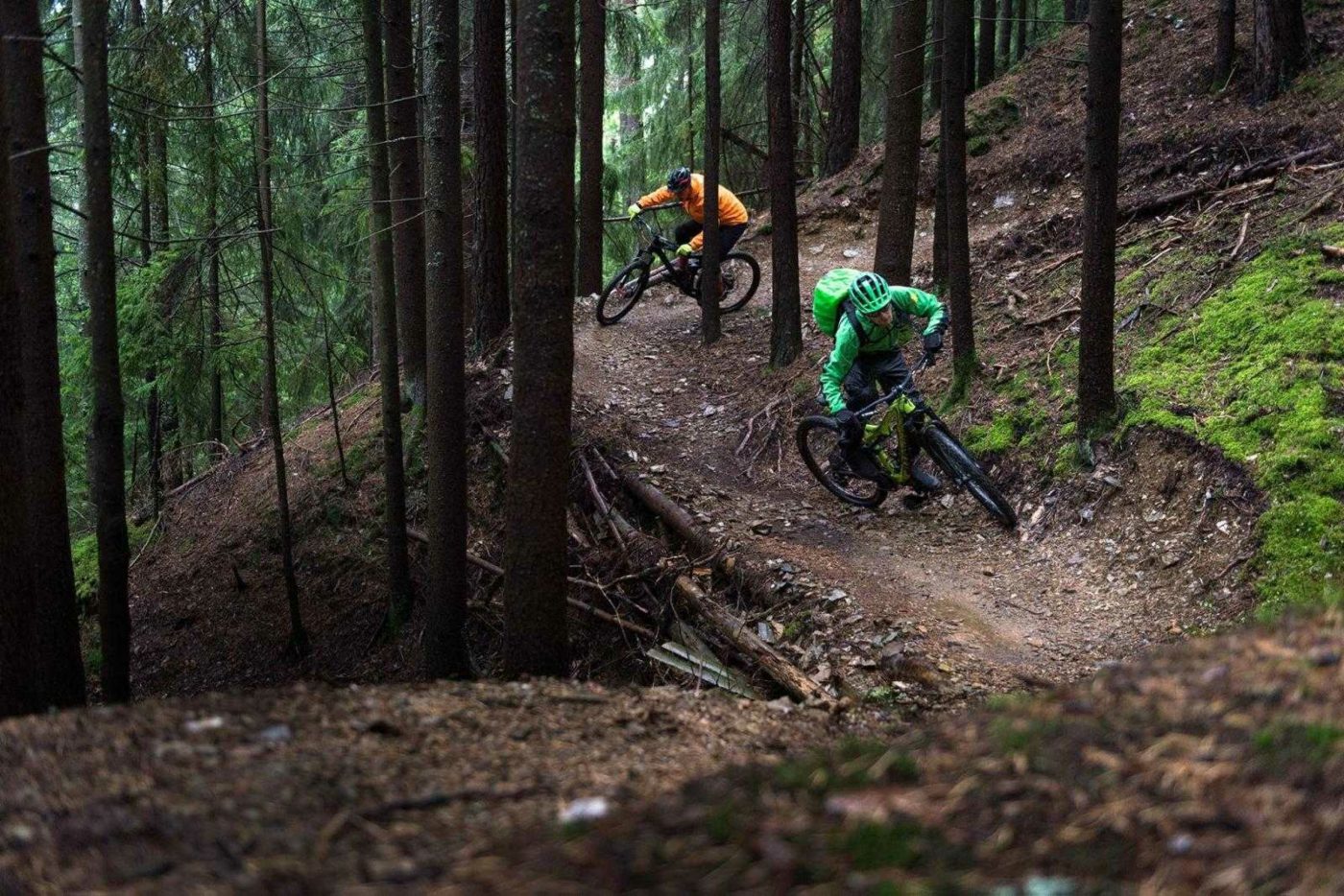 Two mountain bikers riding quickly through a winding forest trail