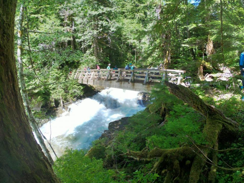 Mountain bikers riding across a small wooden foot bridge above small river
