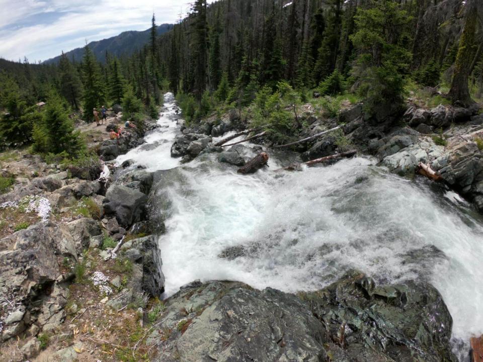 View from top of small river tumbling down rocky mountain side covered with evergreen trees
