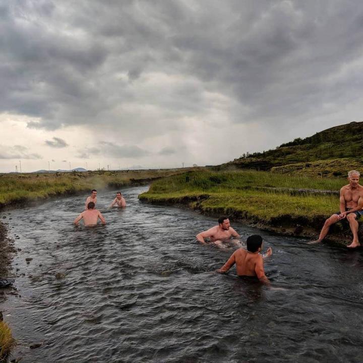 Six people in a dark thermal hotspring in Iceland, surrounded by moss-covered landscape