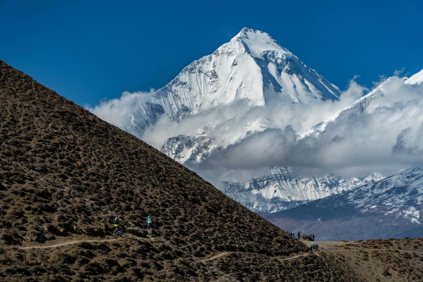 Dhaulaghiri Mountain Peak, as seen from the trail on the bike tour in Nepal