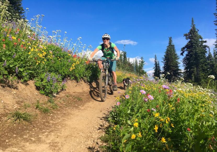 Woman on a mountain bike smiling as she rides down a dirt trail in the middle of a field of flowers in British Columbia