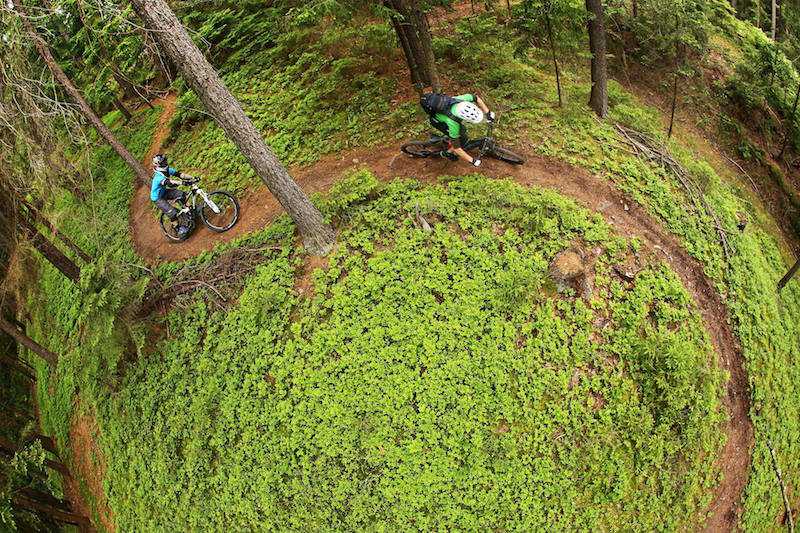 Looking down on two Mountain Bikers riding on a curvy trail through the woods