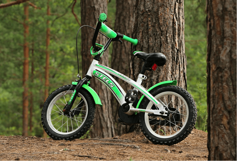 A Green Kid-Sized Mountain Bike Leaning Against a Tree in the Woods