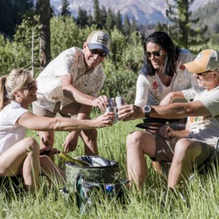 Four adults sitting in grass toasting each other while holding cans of beer